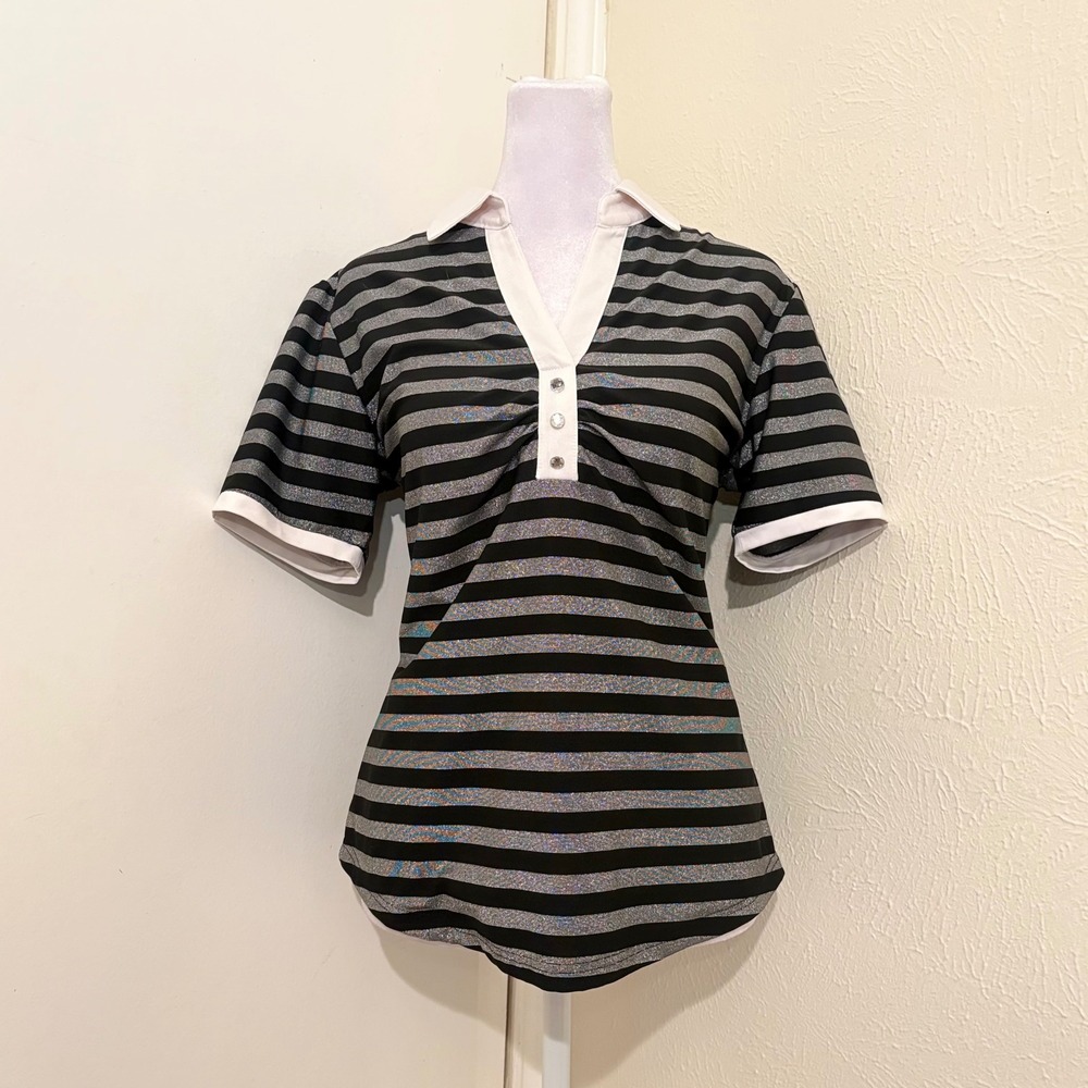 Y2K Black Silver Metallic Horizontal Striped Polo Shirt Rhinestone Emo Goth M